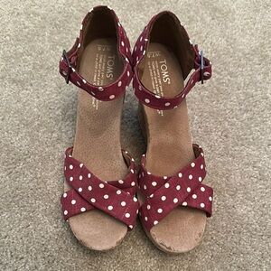 TOMS Women's Burgundy Polka Dot Wedge Cork Sandals 7.5 Open Toe Casual Party